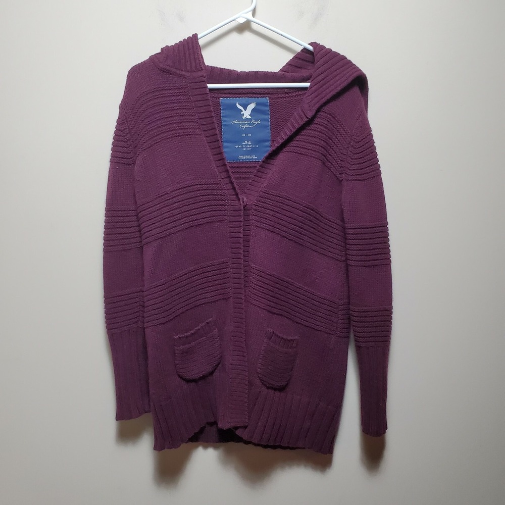 American Eagle Women's Knit Open Cardigan Sweater Pockets Size M‎ Maroon Tunic